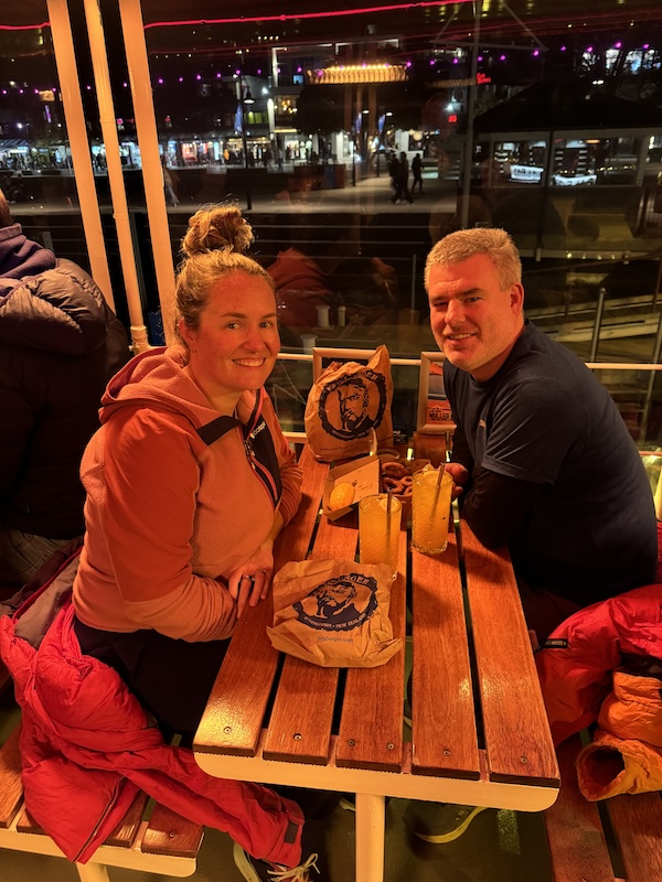 Enjoying our Fergburgers on Perky's, the floating bar.